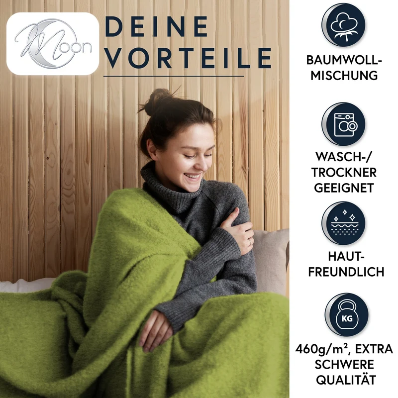 MOON Luxury Kuscheldecke, Wohndecke, UNI Decke aus Baumwolle (60%) und Microfasern (40%), ca. 150x200 cm mit geketteltem Rand