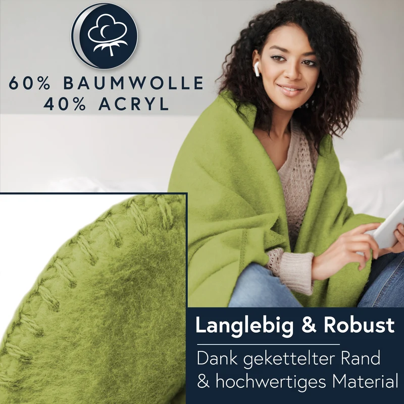 MOON Luxury Kuscheldecke, Wohndecke, UNI Decke aus Baumwolle (60%) und Microfasern (40%), ca. 150x200 cm mit geketteltem Rand