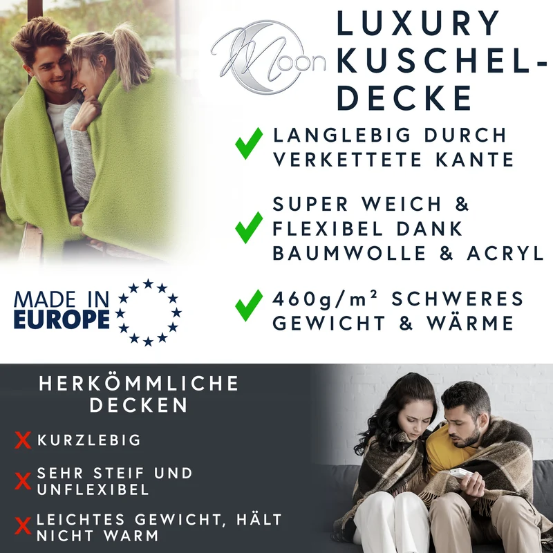 MOON Luxury Kuscheldecke, Wohndecke, UNI Decke aus Baumwolle (60%) und Microfasern (40%), ca. 150x200 cm mit geketteltem Rand
