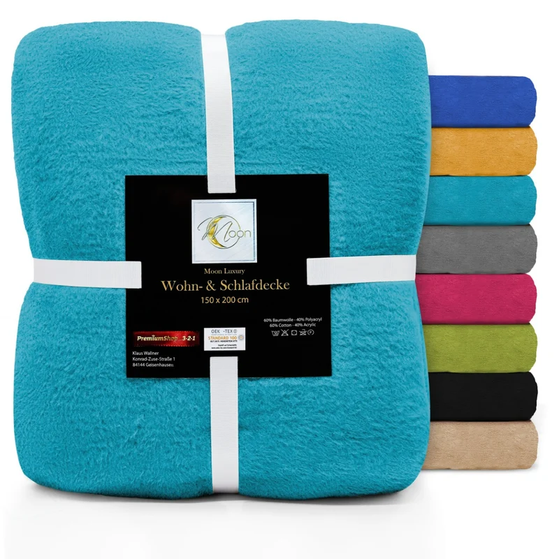 MOON Luxury Kuscheldecke, Wohndecke, UNI Decke aus Baumwolle (60%) und Microfasern (40%), ca. 150x200 cm mit geketteltem Rand