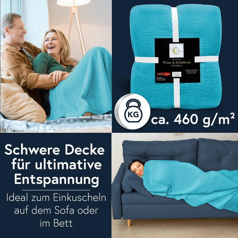 MOON Luxury Kuscheldecke, Wohndecke, UNI Decke aus Baumwolle (60%) und Microfasern (40%), ca. 150x200 cm mit geketteltem Rand
