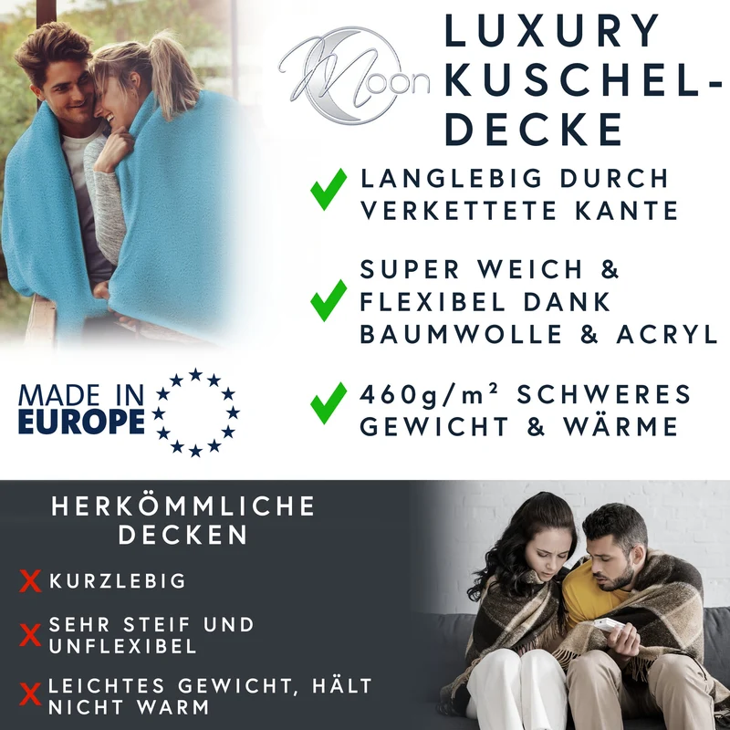 MOON Luxury Kuscheldecke, Wohndecke, UNI Decke aus Baumwolle (60%) und Microfasern (40%), ca. 150x200 cm mit geketteltem Rand