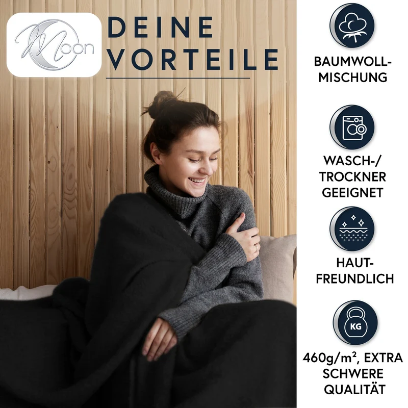 MOON Luxury Kuscheldecke, Wohndecke, UNI Decke aus Baumwolle (60%) und Microfasern (40%), ca. 150x200 cm mit geketteltem Rand