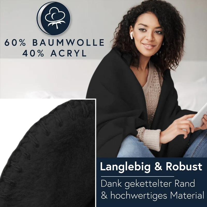 MOON Luxury Kuscheldecke, Wohndecke, UNI Decke aus Baumwolle (60%) und Microfasern (40%), ca. 150x200 cm mit geketteltem Rand