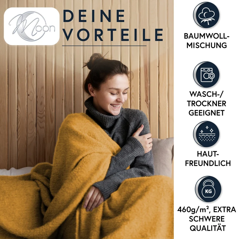 MOON Luxury Kuscheldecke, Wohndecke, UNI Decke aus Baumwolle (60%) und Microfasern (40%), ca. 150x200 cm mit geketteltem Rand