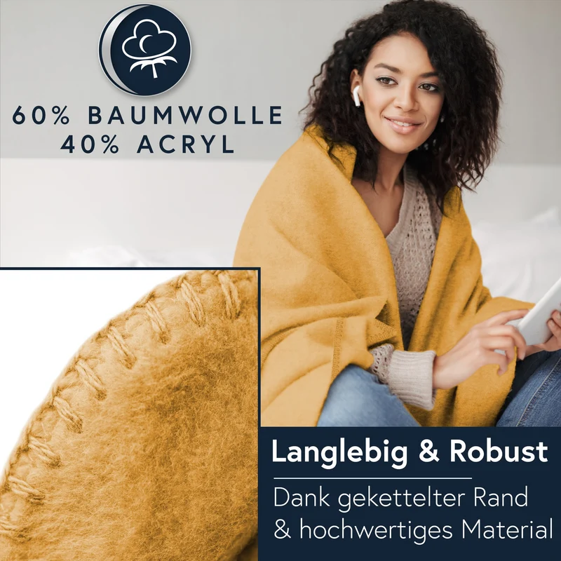 MOON Luxury Kuscheldecke, Wohndecke, UNI Decke aus Baumwolle (60%) und Microfasern (40%), ca. 150x200 cm mit geketteltem Rand