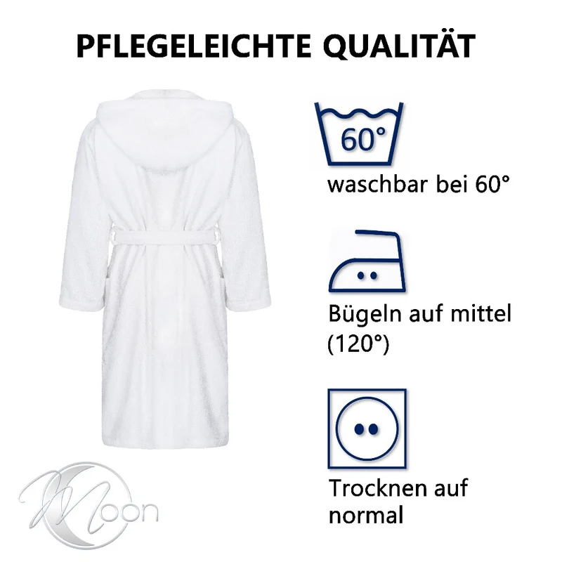 MOON Bademantel Classic 100% Baumwolle weiß Kapuze 400g/m² extra langer Gürtel