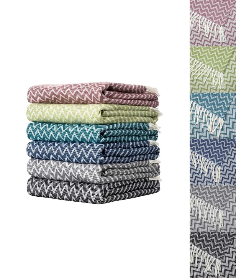 Decke Baumwolle Kuscheldecke Zick-Zack Tagesdecke Fransen leicht Moon Luxury