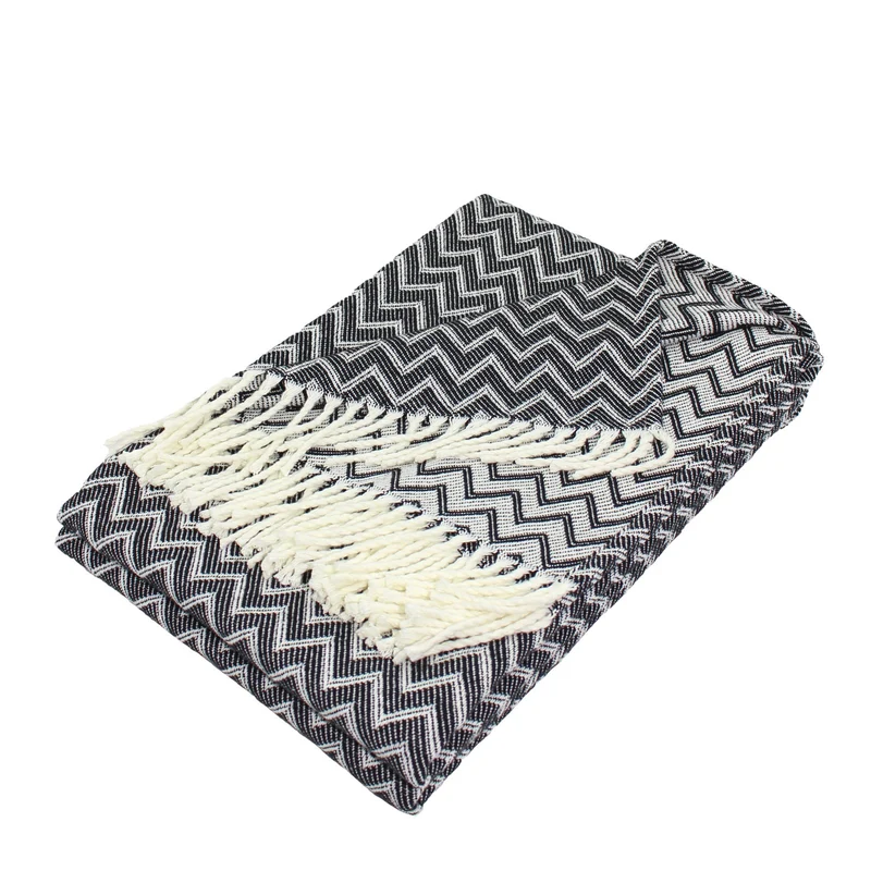 Decke Baumwolle Kuscheldecke Zick-Zack Tagesdecke Fransen leicht Moon Luxury