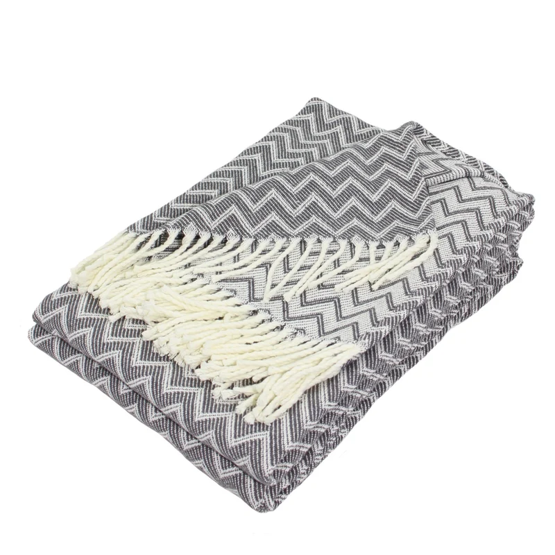 Decke Baumwolle Kuscheldecke Zick-Zack Tagesdecke Fransen leicht Moon Luxury