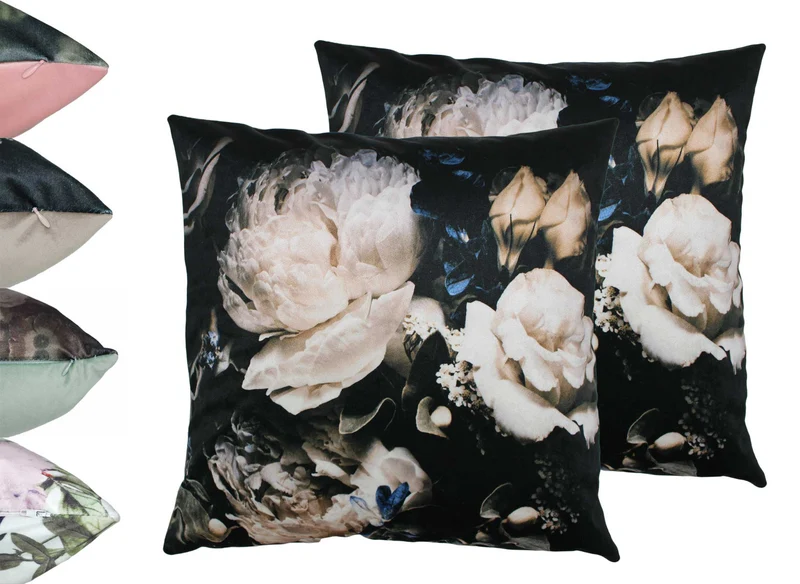 MOON 2er Pack Blumen Kissenhüllen Kissenbezüge 45x45 cm Zierkissenbezüge edler Samt Optik