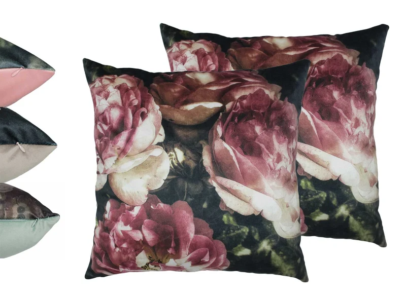 MOON 2er Pack Blumen Kissenhüllen Kissenbezüge 45x45 cm Zierkissenbezüge edler Samt Optik
