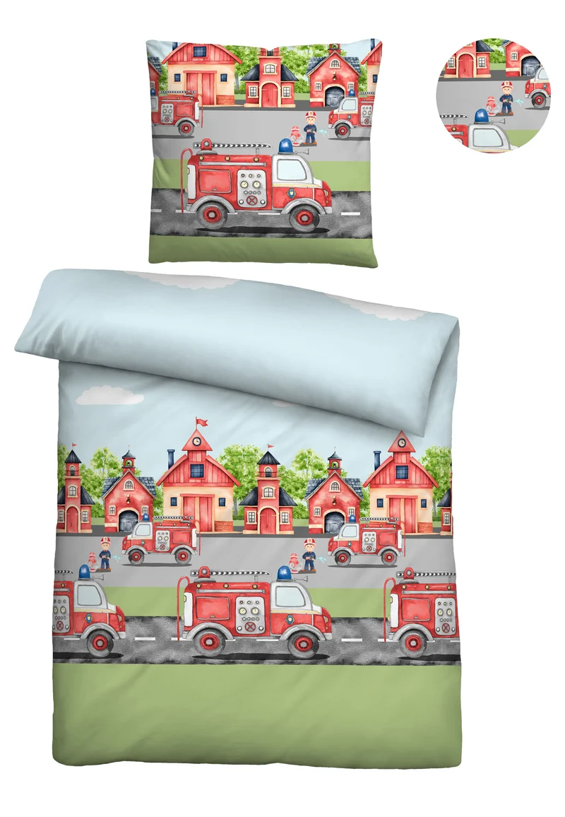biberna Feinbiber Kinderbettwäsche Feuerwehr – Pistaziengrün (0004523)