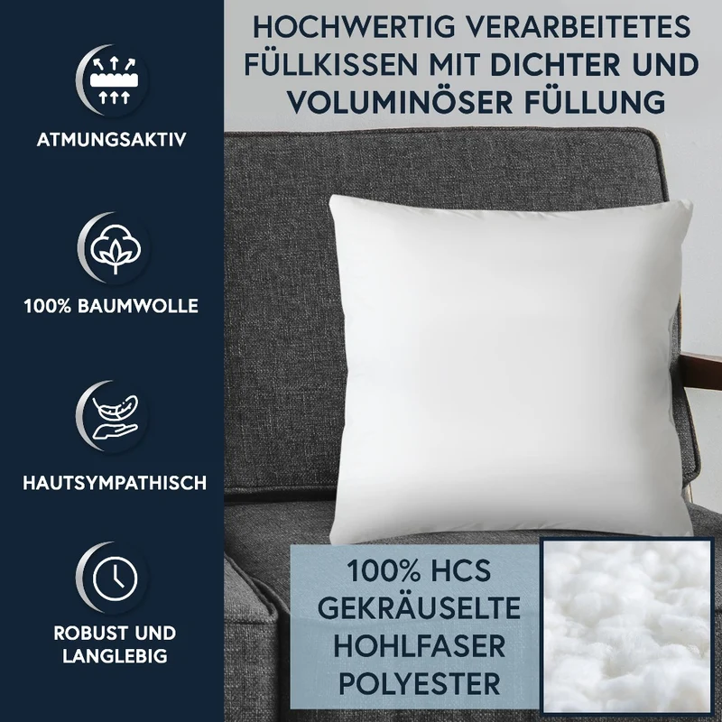 MOON Luxury Perkal 2er Pack Füllkissen Innenkissen Sofakissen extra fest gefüllt 100% Baumwolle