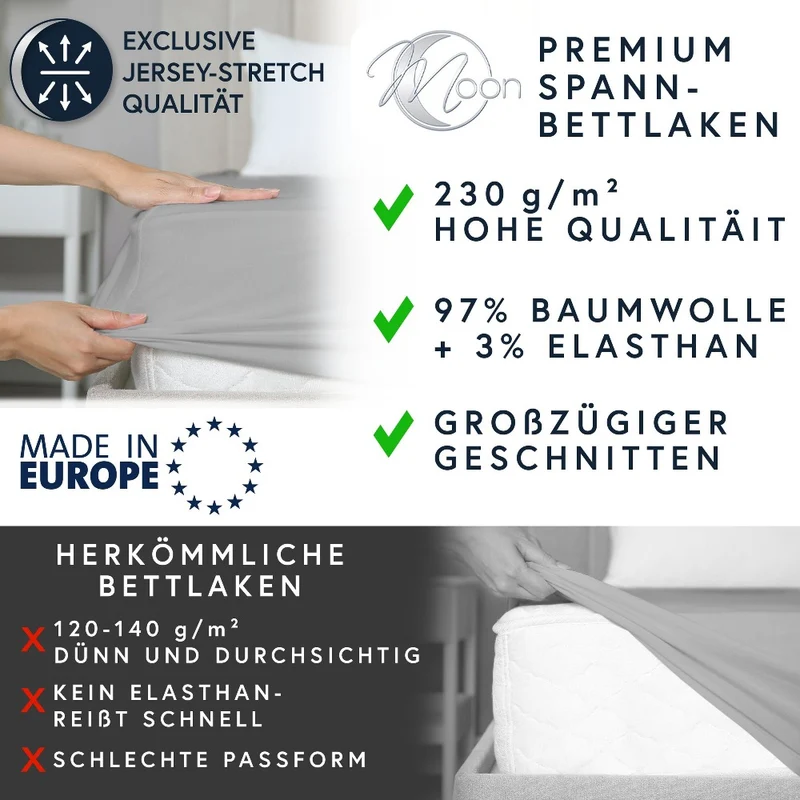 Moon-Luxury Topper Spannbettlaken Jersey 97% Mako-Baumwolle 3% Elastan, 230g/m²