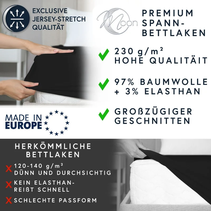 Moon-Luxury Topper Spannbettlaken Jersey 97% Mako-Baumwolle 3% Elastan, 230g/m²