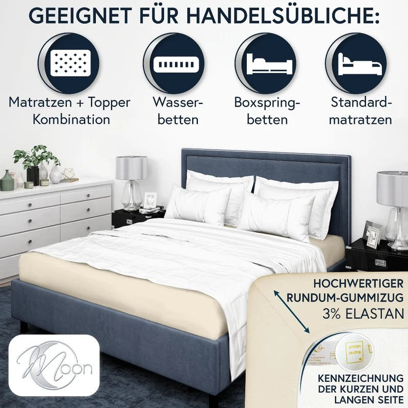 MOON-Luxury Spannbettlaken Jersey Stretch 230g/m² 97% Mako-Baumwolle 3% Elastan