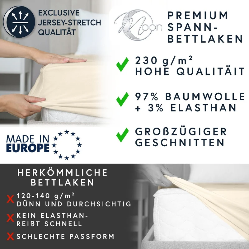 MOON-Luxury Spannbettlaken Jersey Stretch 230g/m² 97% Mako-Baumwolle 3% Elastan