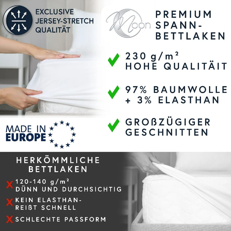MOON-Luxury Spannbettlaken Jersey Stretch 230g/m² 97% Mako-Baumwolle 3% Elastan