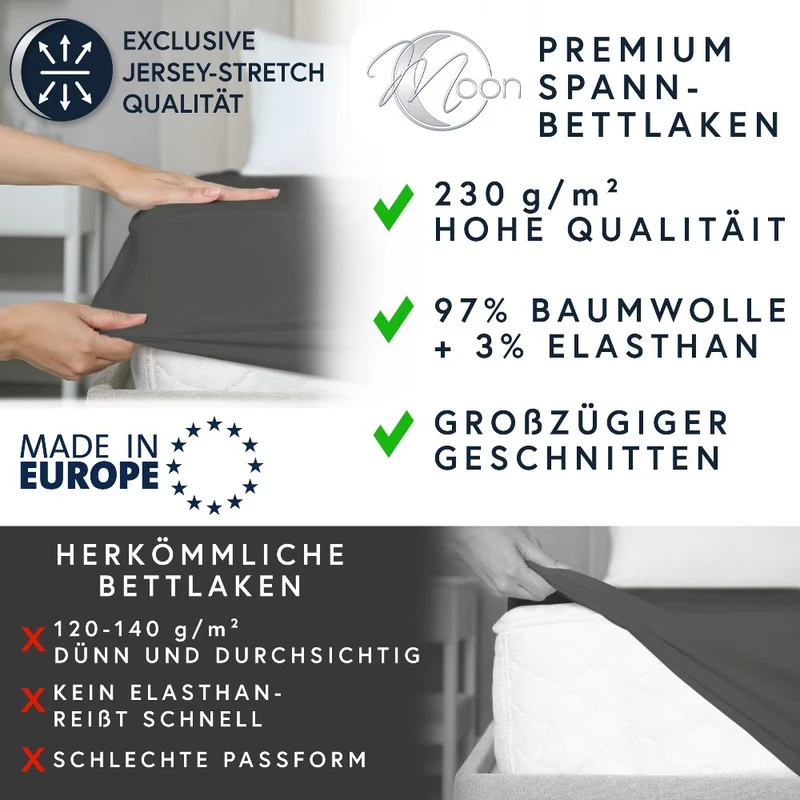 MOON-Luxury Spannbettlaken Jersey Stretch 230g/m² 97% Mako-Baumwolle 3% Elastan