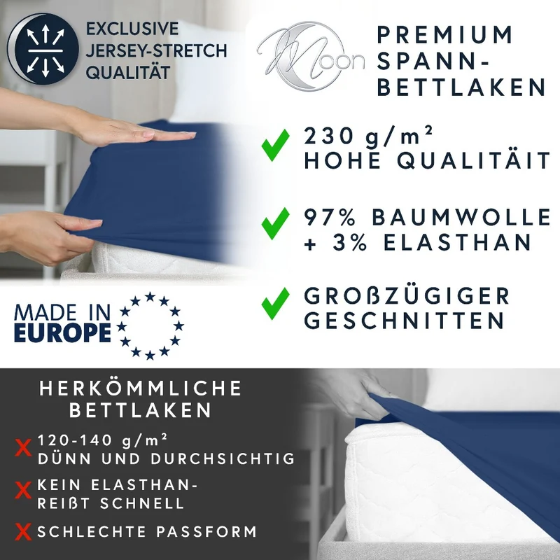 MOON-Luxury Spannbettlaken Jersey Stretch 230g/m² 97% Mako-Baumwolle 3% Elastan