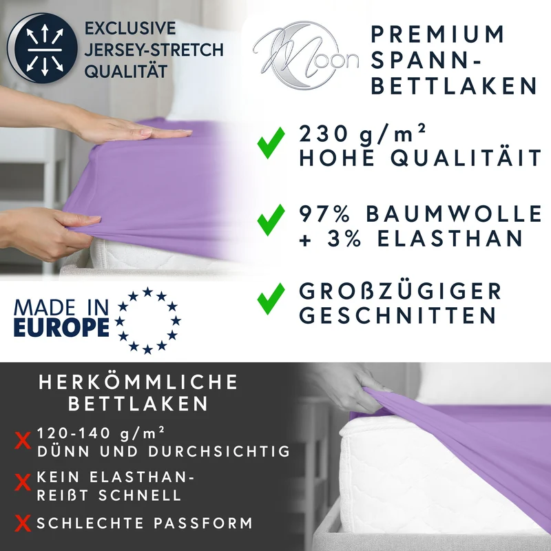 MOON-Luxury Spannbettlaken Jersey Stretch 230g/m² 97% Mako-Baumwolle 3% Elastan