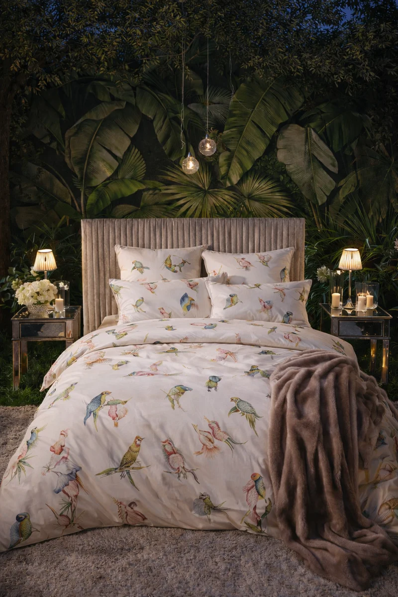 Luxus Mako Satin Bettwäsche Exotische Vögel 135x200 cm – 4-teiliges Set mit Kissenbezügen, Made in Germany
