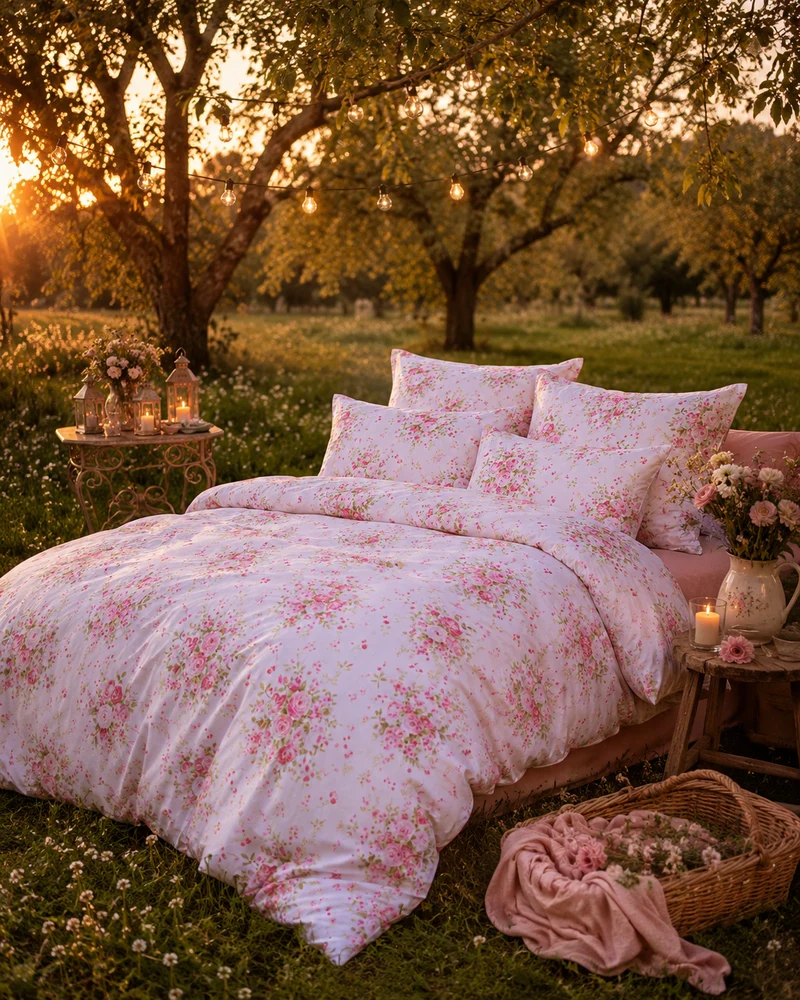 Luxus Bettwäsche Rosalyn aus Mako Satin – floral beige mit Volant, Made in Germany