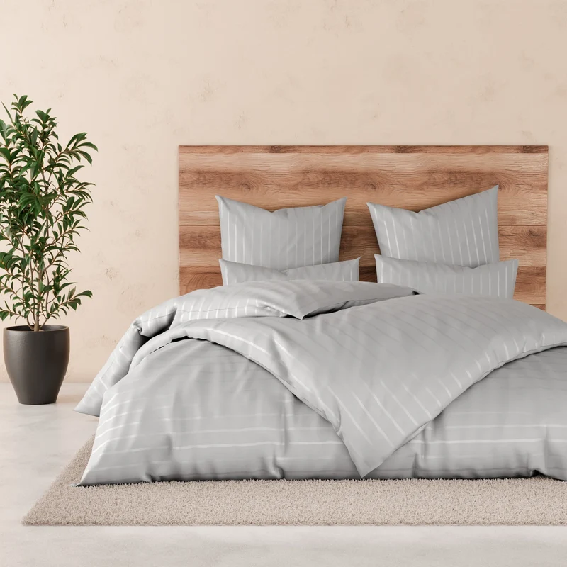 Bettwäsche Mako Satin mit Streifen - Grau - 155x220 + 80x80cm