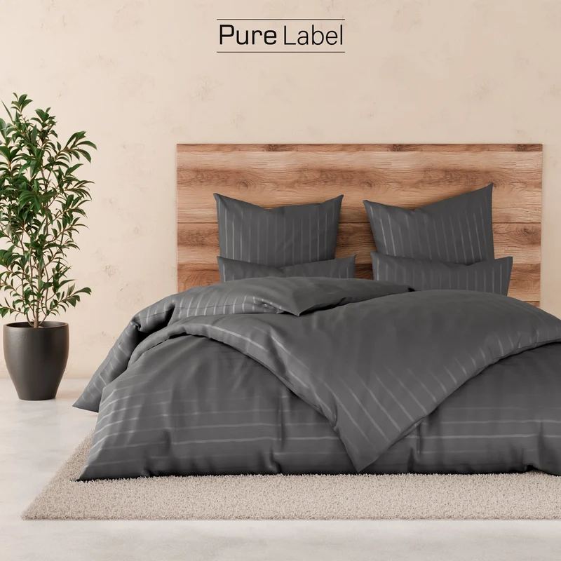Bettwäsche Mako Satin mit Streifen - Anthrazit - 155x220 + 80x80cm