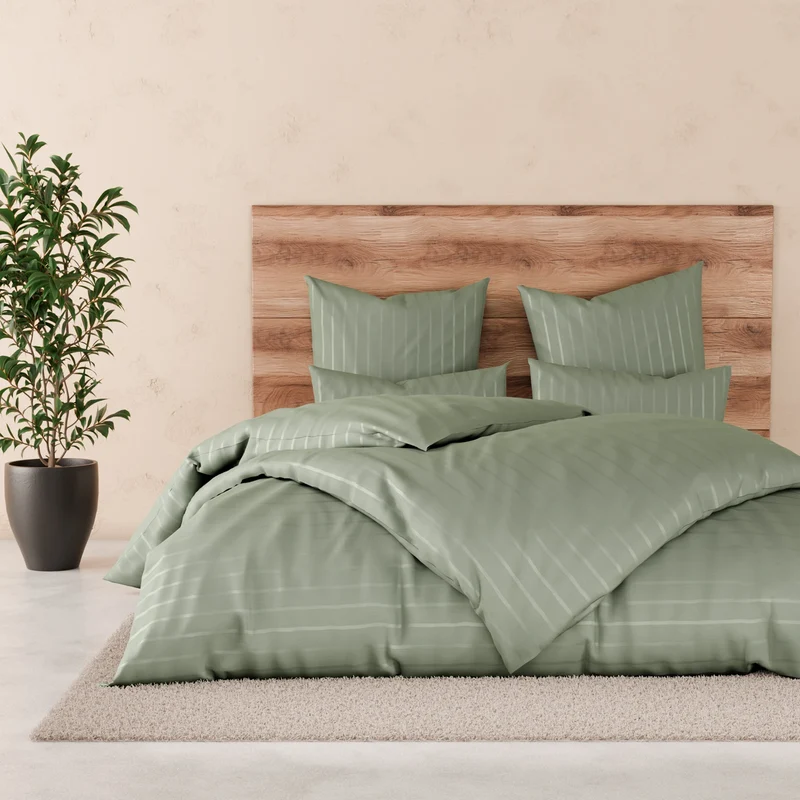 Bettwäsche Mako Satin mit Streifen - Grün - 135x200 + 40x80cm