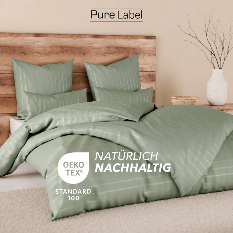 Bettwäsche Mako Satin mit Streifen - Grün - 135x200 + 40x80cm