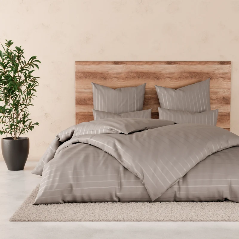 Bettwäsche Mako Satin mit Streifen - Taupe - 2x155x220 + 2x80x80cm