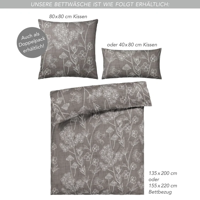 Bettwäsche "Flowers" - Taupe - 2x155x220 + 2x 40x80 cm