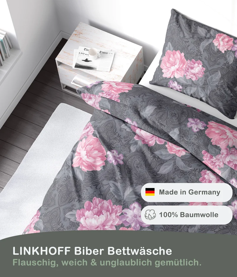 Biber Bettwäsche-Set Rosenmotiv Anthrazit