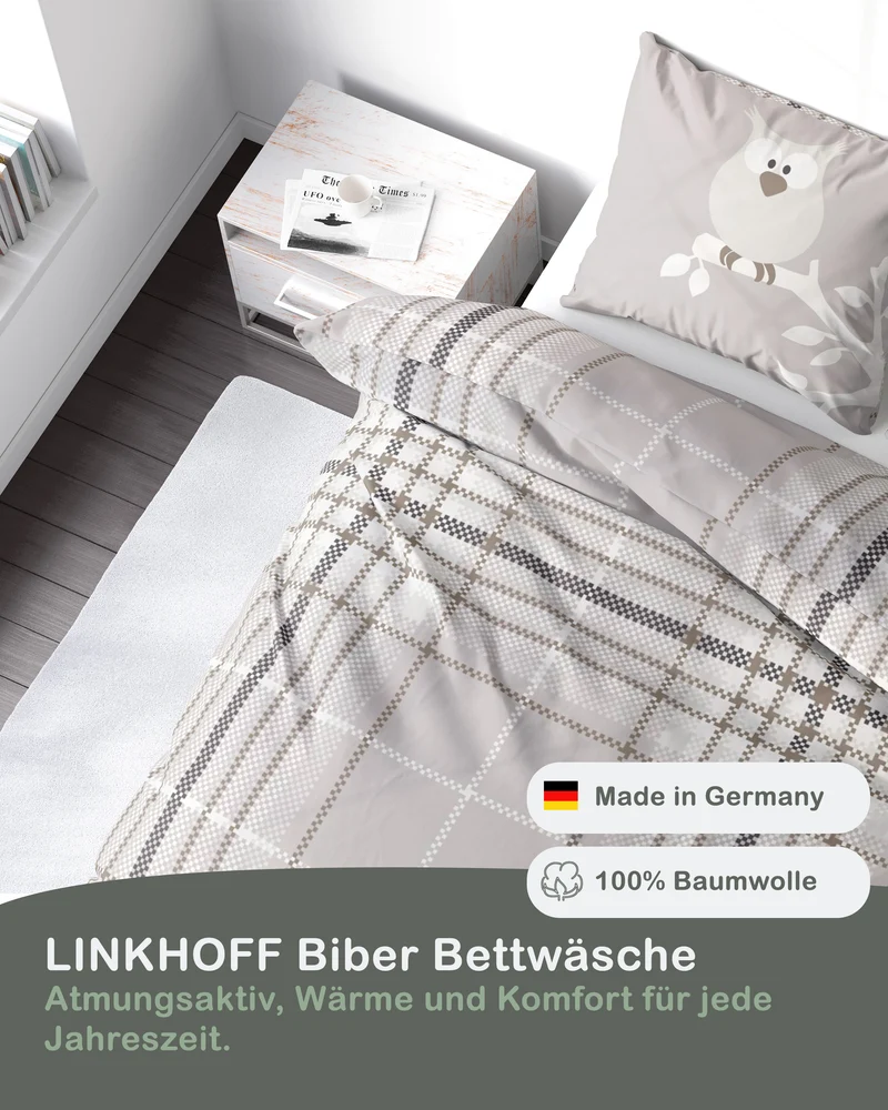 Biber Bettwäsche-Set 135x200cm Eulenmotiv in Beige
