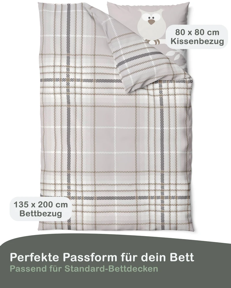 Biber Bettwäsche-Set 135x200cm Eulenmotiv in Beige