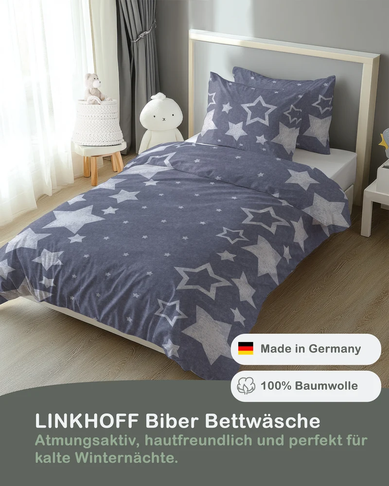 Biber Bettwäsche-Set 135x200cm Sterne Motiv in Navyblau