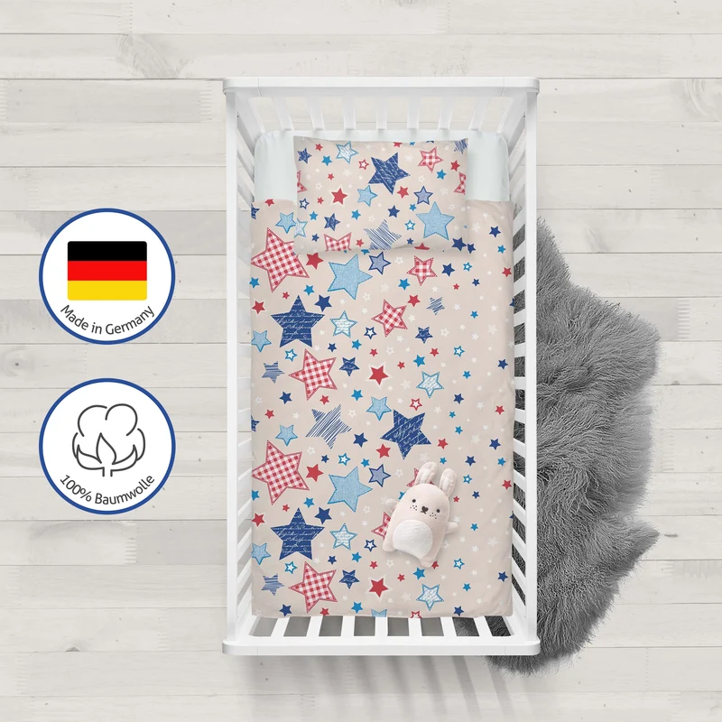 Biber Bettwäsche-Set 100x135cm Sterne in Beige Blau