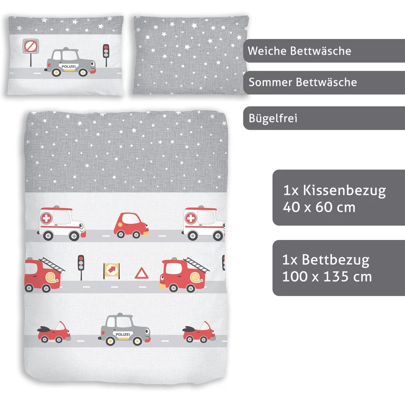 Biber Bettwäsche-Set 100x135cm Polizei/Feuerwehr in Rot Silber