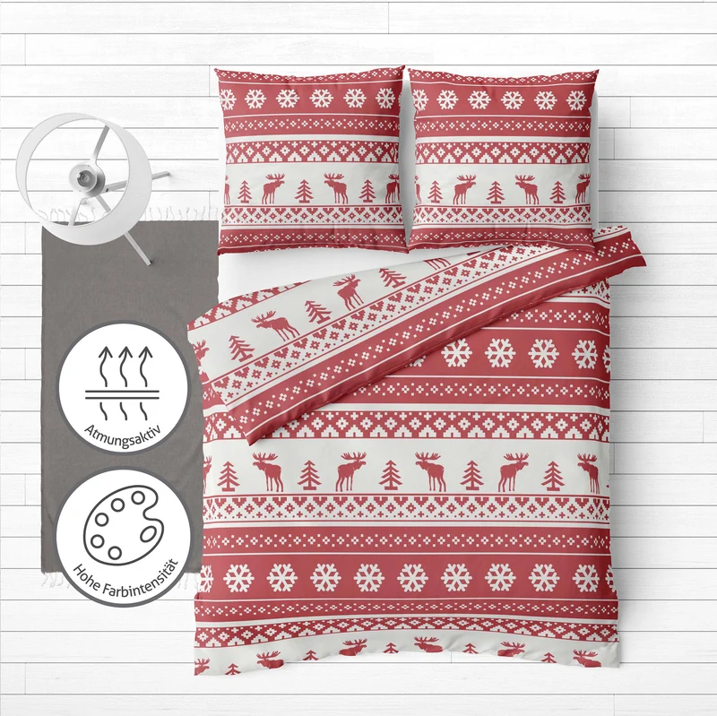Flanell Bettwäsche-Set Weihnachtsbettwäsche in Rot Weiß