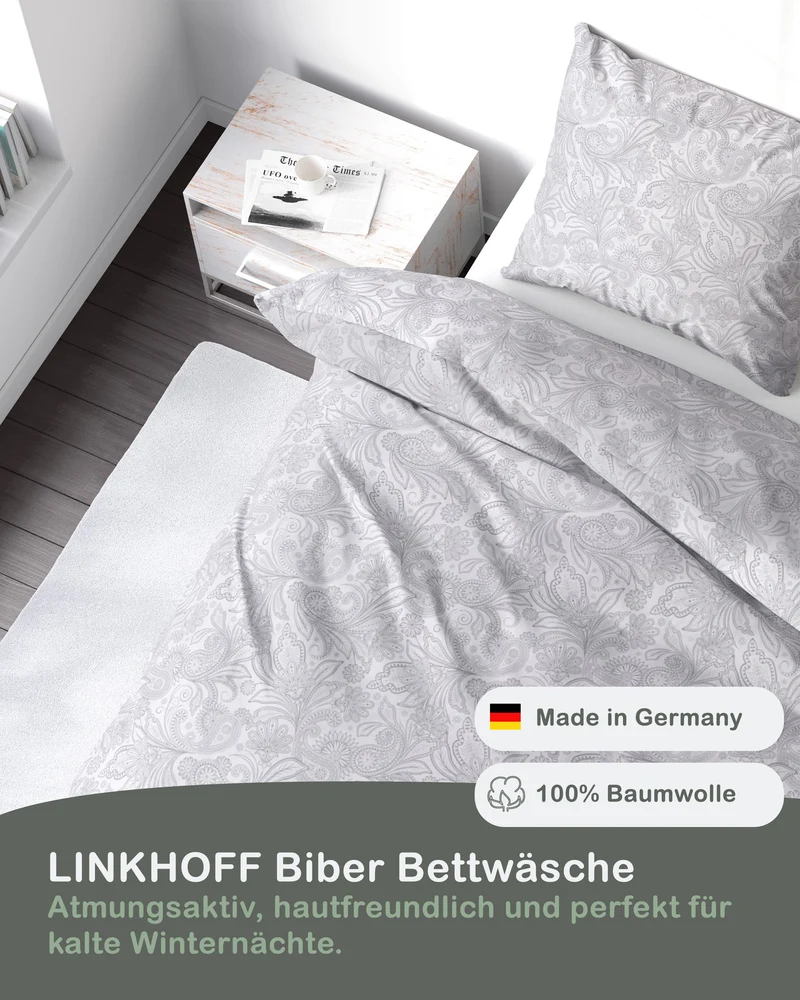 Biber Bettwäsche-Set Blumen in Weiß Grau