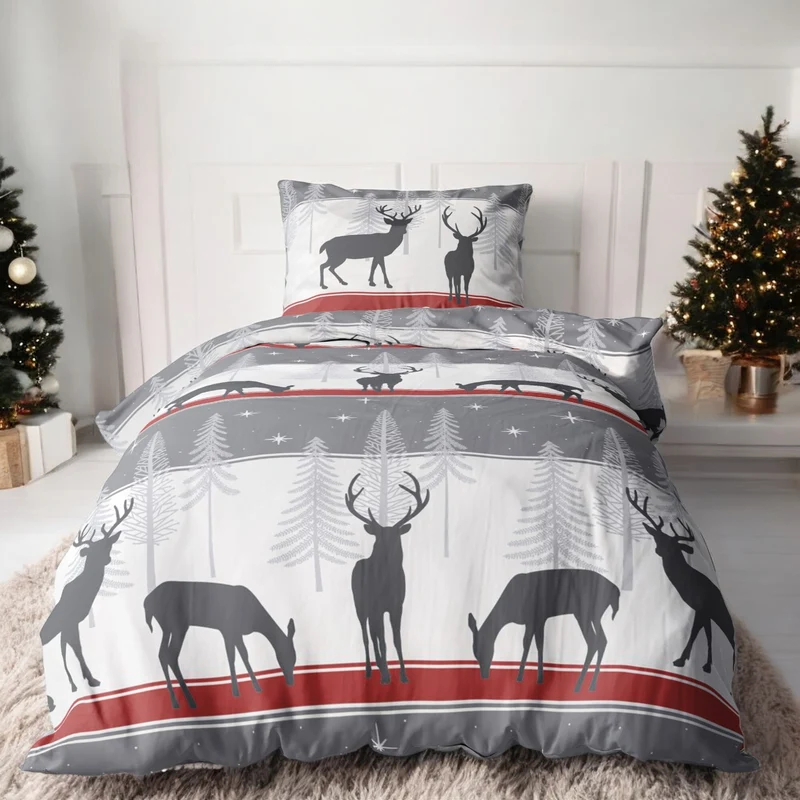 Biber Bettwäsche-Set Cozy Christmas in Grau Rot Weihnachtsbettwäsche