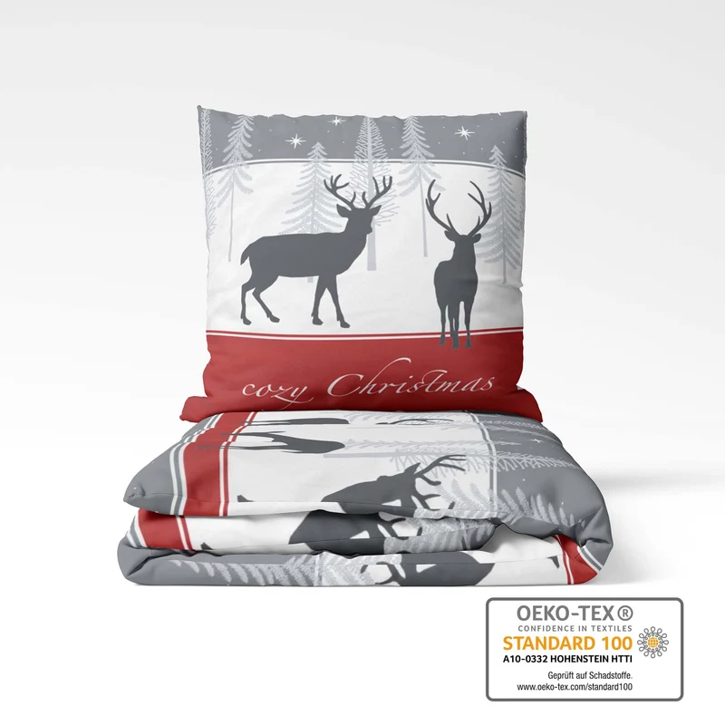 Biber Bettwäsche-Set Cozy Christmas in Grau Rot Weihnachtsbettwäsche