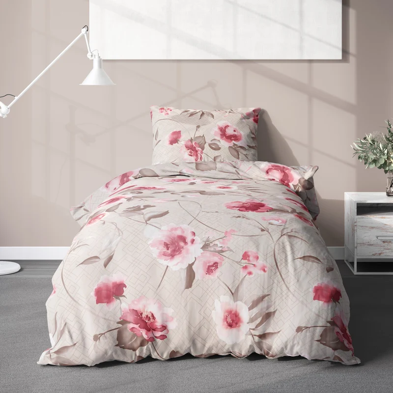 Biber Bettwäsche-Set Rosen & Blumen in Creme Rosa