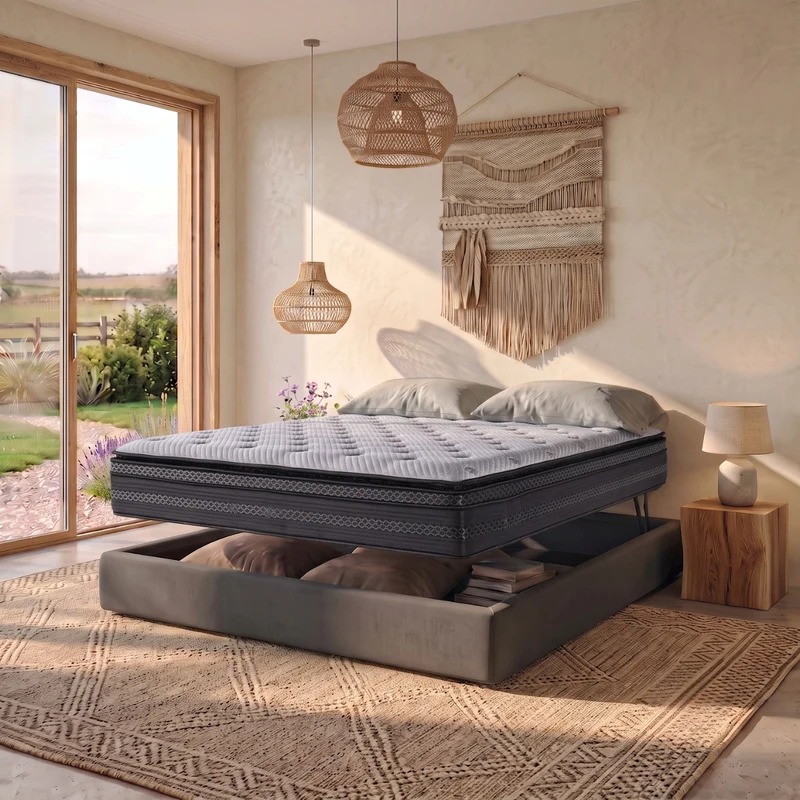 Ensemble lit coffre parallèle et matelas hybride - Collection Tissu