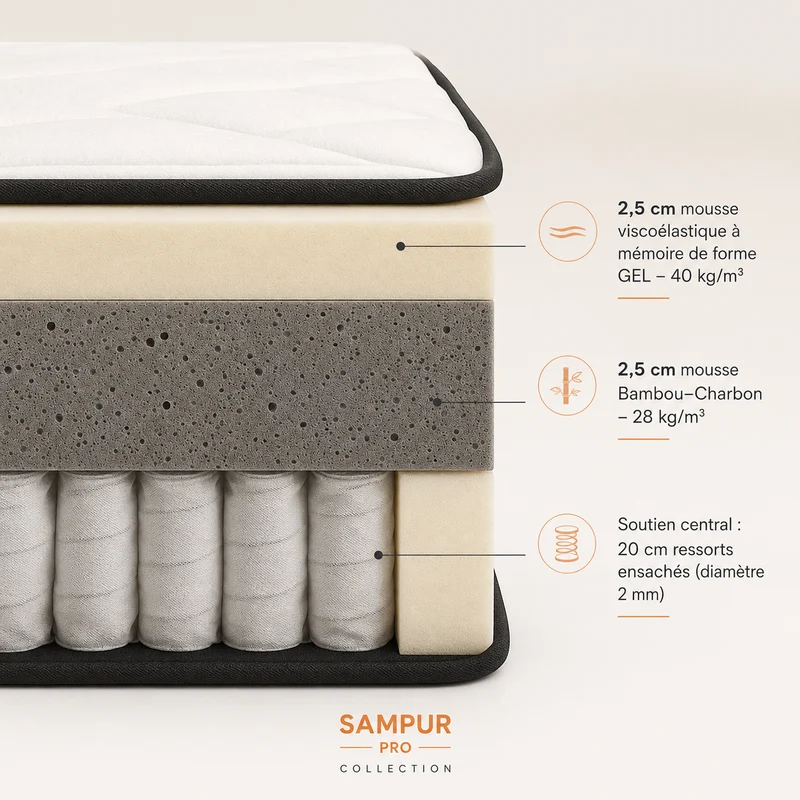 Matelas hybride déhoussable mémoire de forme bambou et ressorts - Collection Pro