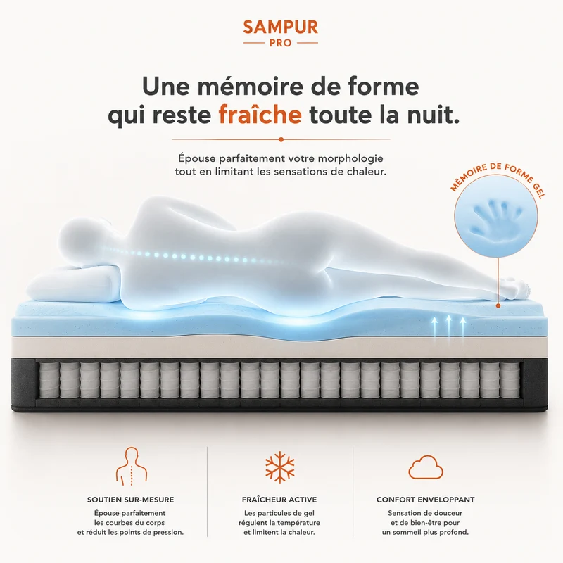 Matelas hybride déhoussable mémoire de forme bambou et ressorts - Collection Pro