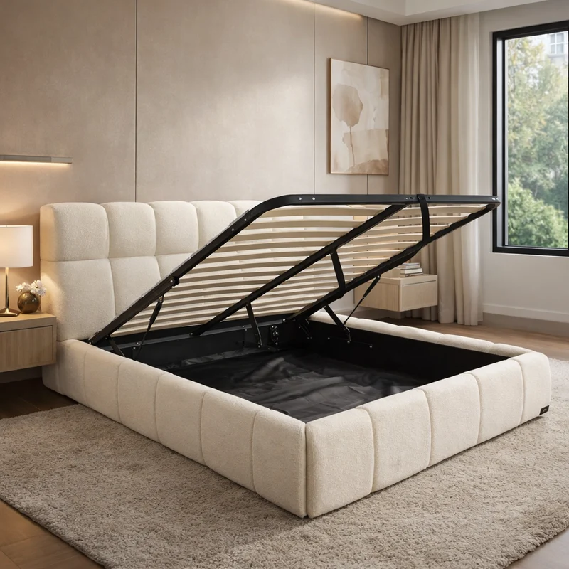 Lit coffre Aneto, tête de lit, grand espace de stockage, tissu chenille - Collection Aneto