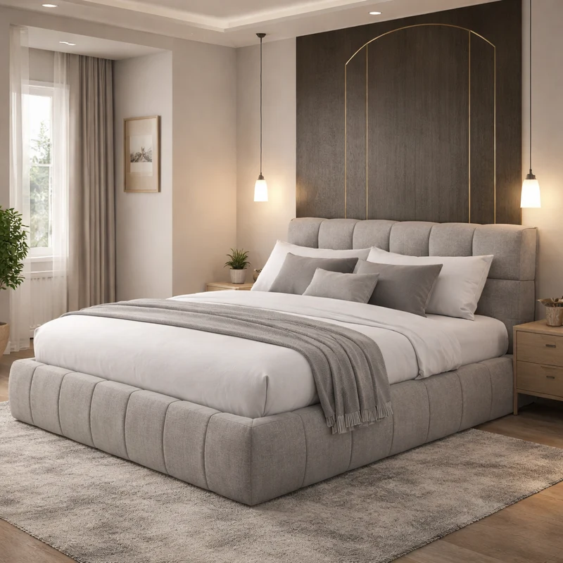 Lit coffre Aneto, tête de lit, grand espace de stockage, tissu chenille - Collection Aneto